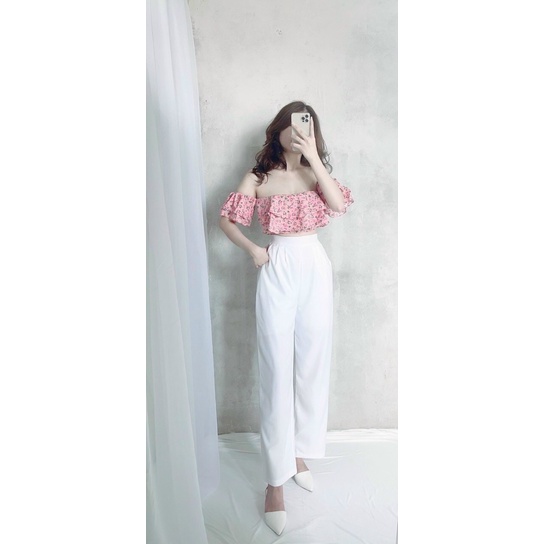 SET CROP BẸT VAI HOA + Quần SUÔNG TRẮNG