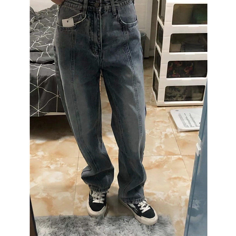Quần jeans eo cao ống đứng thiết kế túi hai đường may phong cách retro Mỹ cho nữ