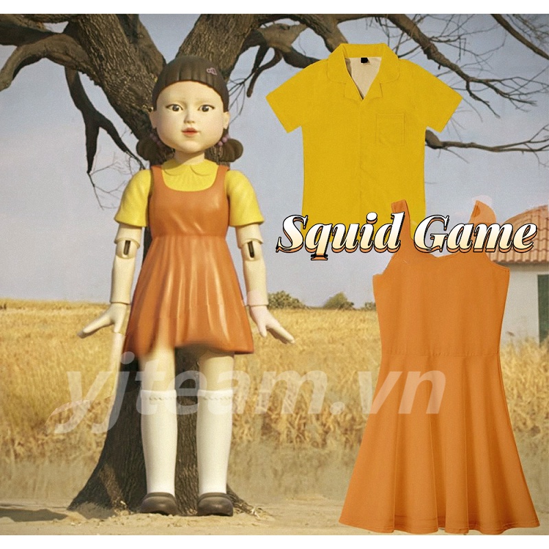 Trang phục + mặt nạ hóa trang bé gái người gỗ 123 phim truyền hình Squid Game Hàn Quốc (có bán lẻ)