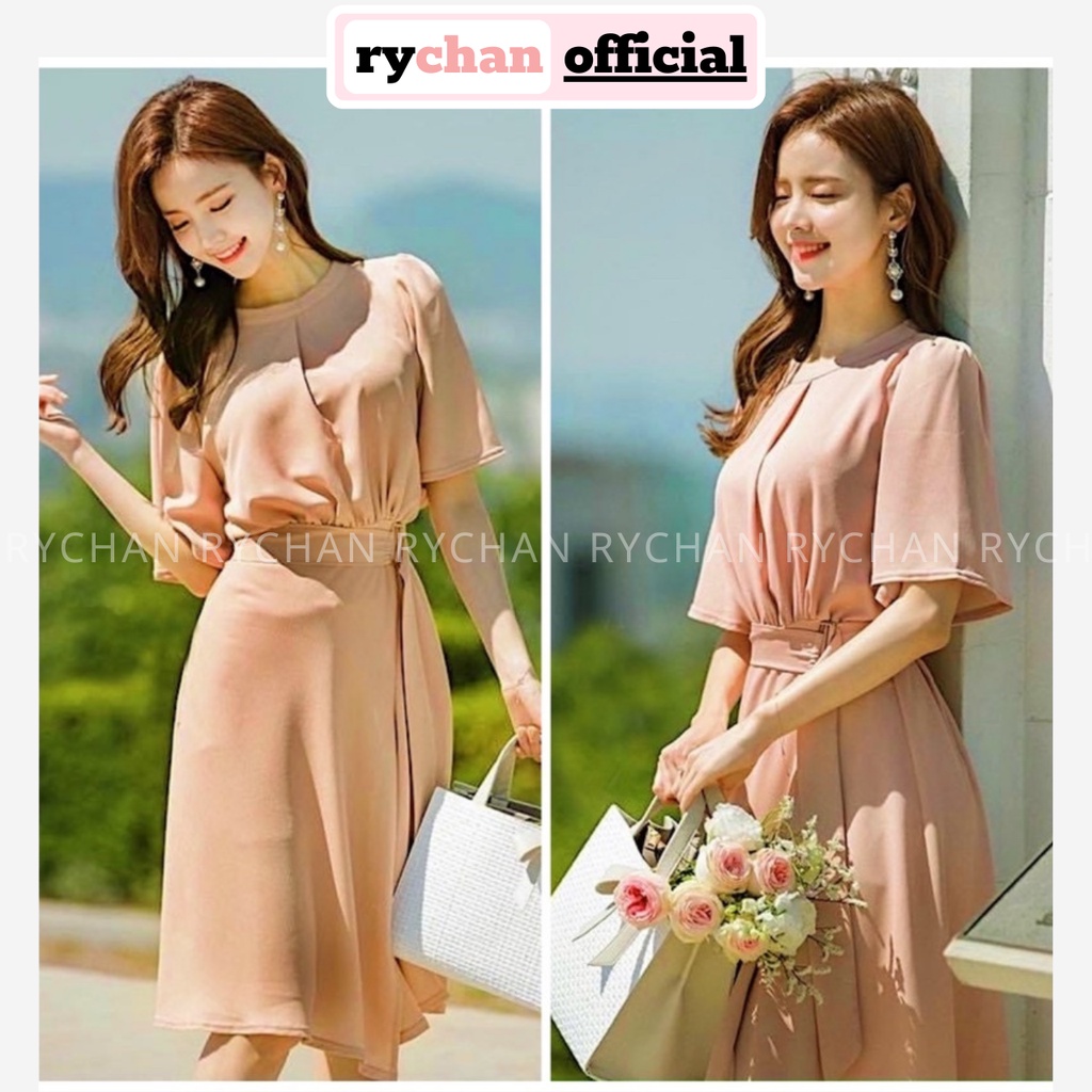 Đầm Váy Nữ Công Sở Cổ Trụ Kèm Belt Tay Ngắn Cổ Tròn Thanh Lịch Màu Kem - DX9768