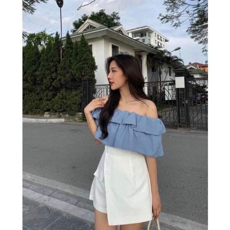 set áo hở vai + chân váy👀