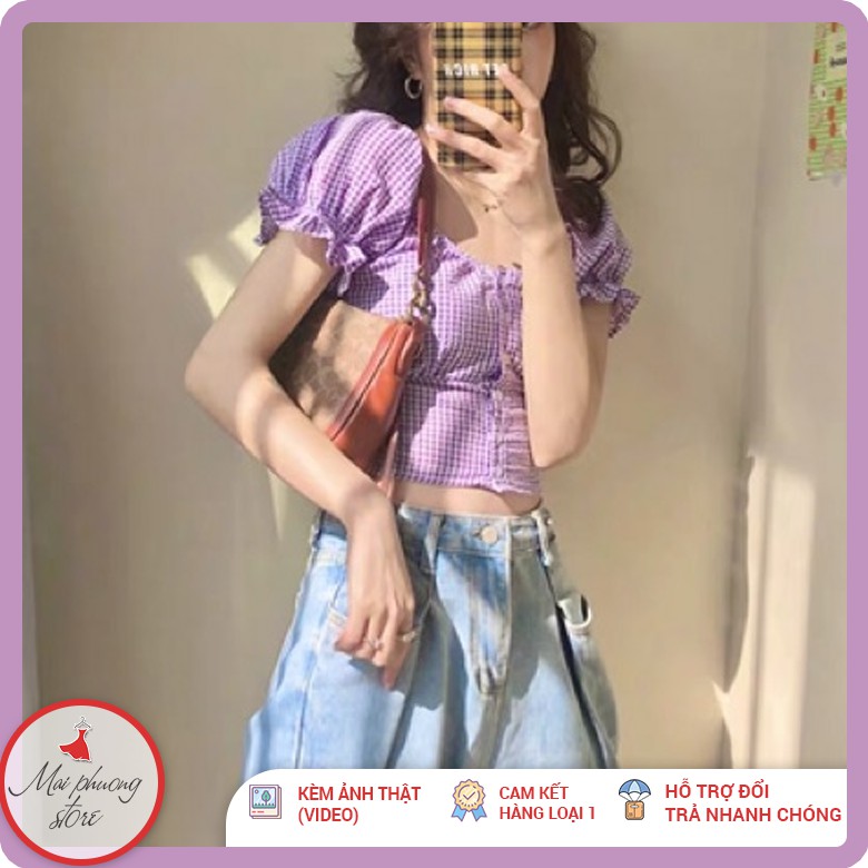 ÁO CROPTOP CỔ VUÔNG tay phồng Áo croptop caro tím [Có video Hàng quảng châu loại 1 ]