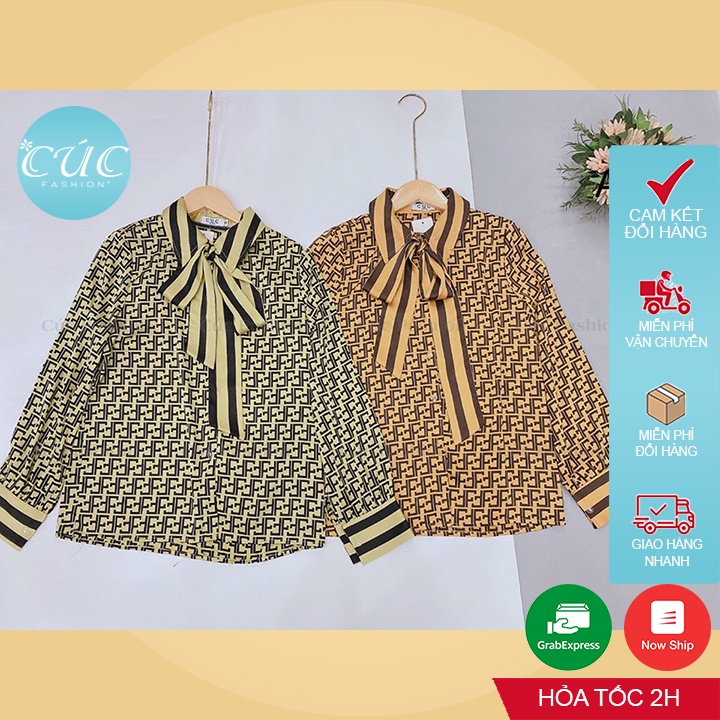 Áo sơ mi nữ Cúc Fashion sơmi kiểu dài tay vải lụa cao cấp thời trang công sở đi học kẻ xanh cam buộc nơ chữ FF đẹp A1042