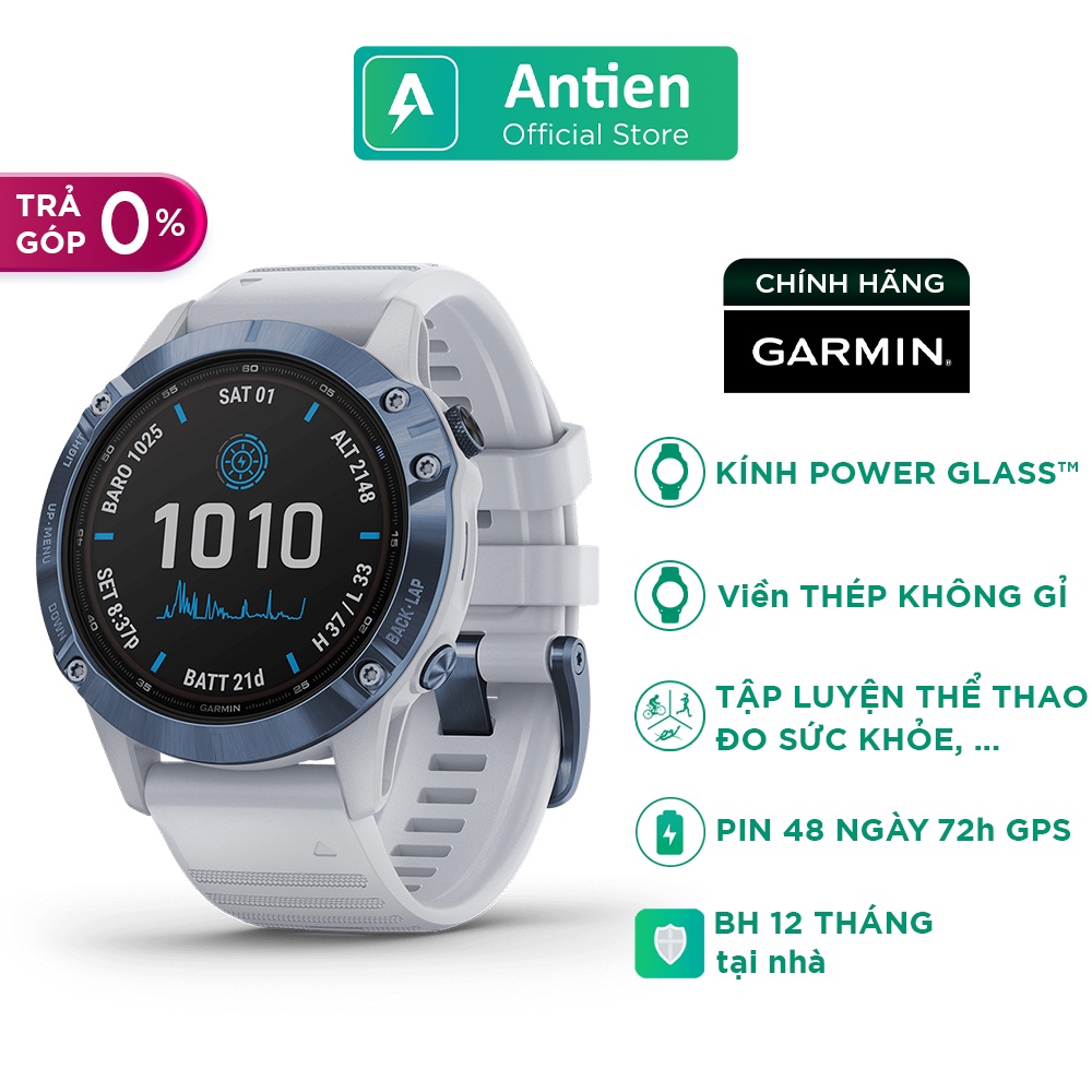 Đồng hồ Garmin Fenix 6 Pro Solar, Cobalt Blue w/Whitestone band, GPS, SEA - Chính Hãng