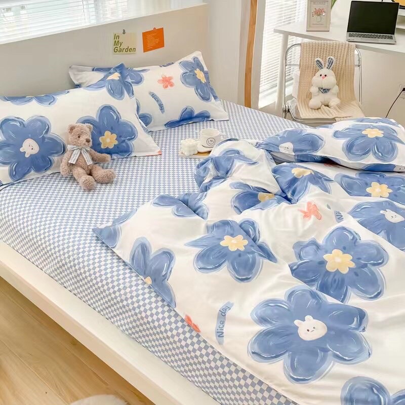 Bộ chăn ga gối cotton poly Hàn Quốc, bộ ga gối cotton 4 món vỏ chăn, ga, vỏ gối mềm mịn