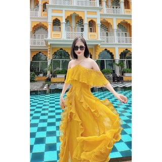 (Bán chạy) MOON  BOHO - MAXI VÀNG TRỄ VAI BÈO DẬP LY (CHẤT TƠ CAO CẤP)