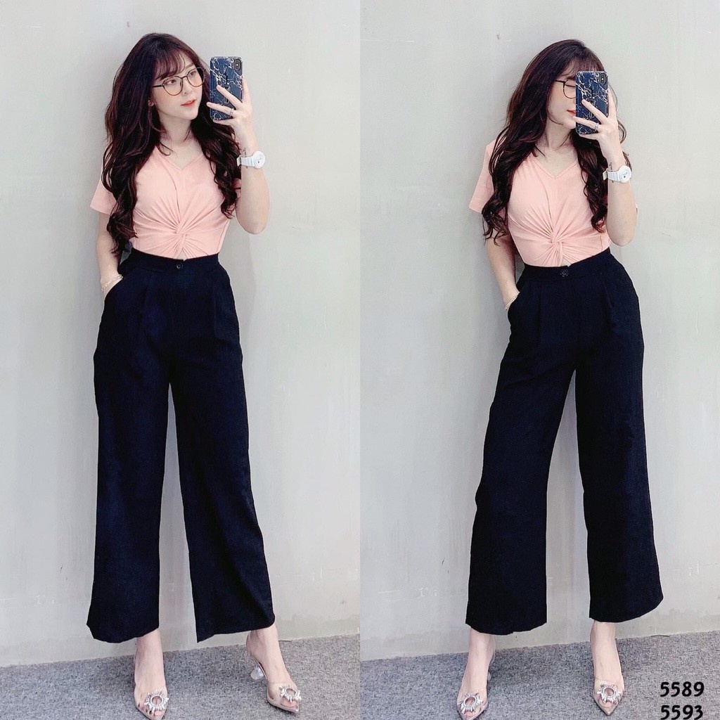 quần culottes cạp cao 1 cúc trước chất cát hàn co giãn