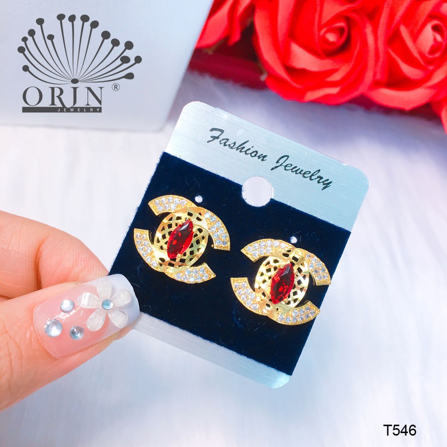 Bông tai thời trang nữ, bông tai chữ x sát tai đá đỏ thiết kế cao cấp Orin T546