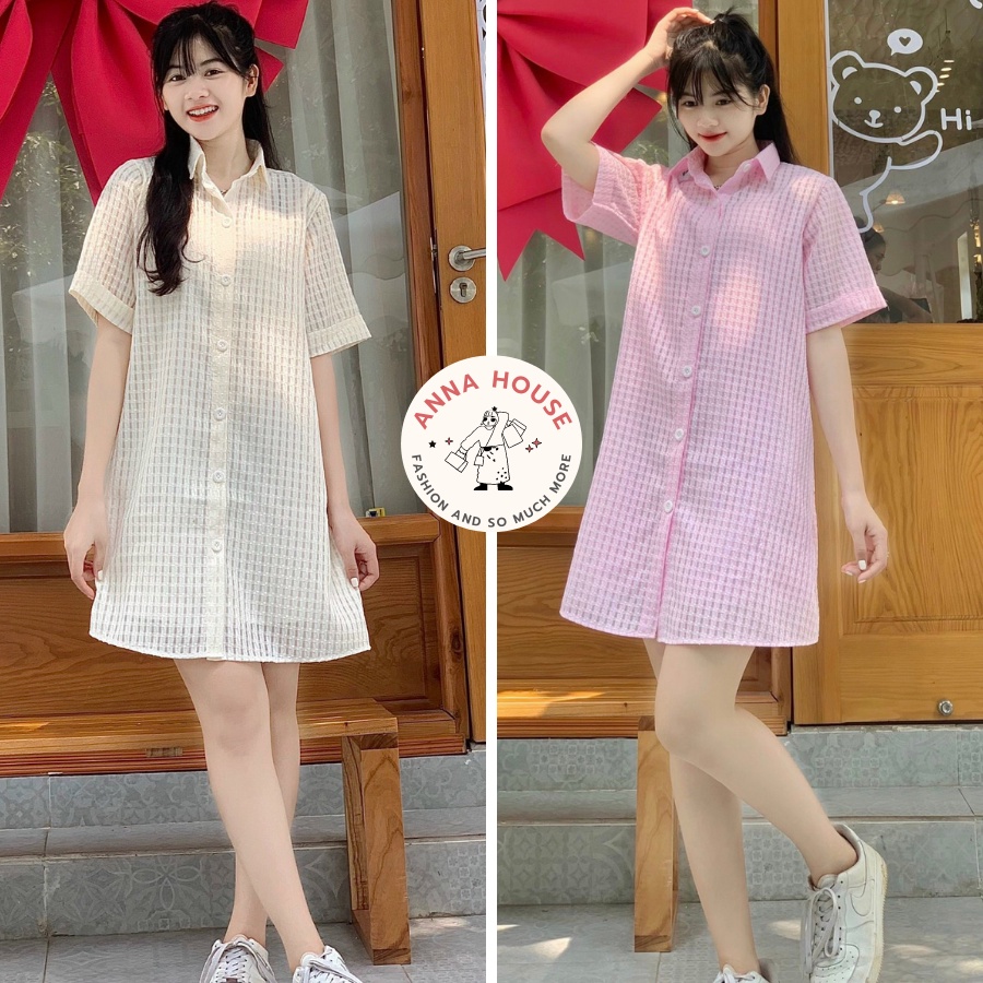 Váy sơ mi kẻ xốp dáng ngắn tay lỡ form rộng kèm lót váy 2 dây, Đầm sơ mi dáng suông tay ngắn họa tiết đan thừng Ulzzang