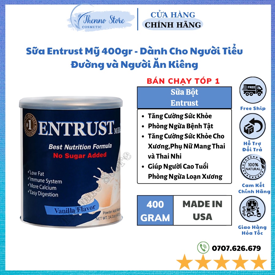 Sữa Entrust Mỹ 400gr - Dành cho người tiểu đường và người ăn kiêng