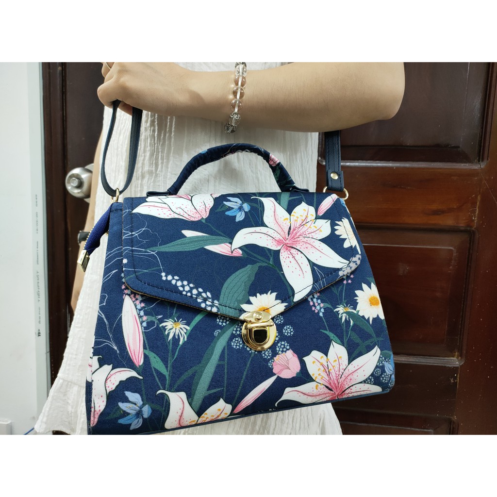 (Handmade) Túi đeo nữ vải canvas họa tiết hoa
