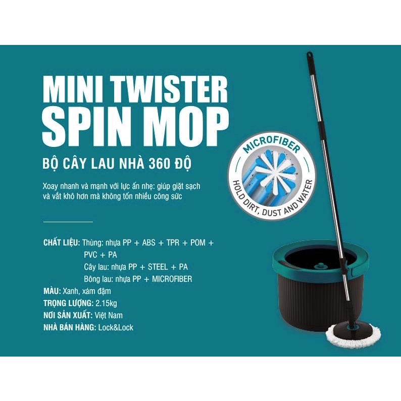 Bộ cây lau nhà LocknLock xoay tay xoay 360 độ tặng kèm 3 bông lau HPP345S2 ETM498MITS2 - K-MALL