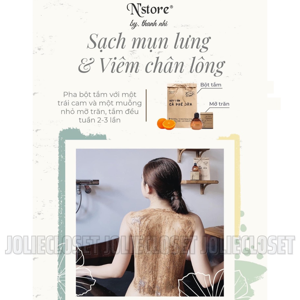 Bột cà phê dừa non, cám gạo Nstore tẩy da chết, giảm mụn lưng, làm sáng da 100gr, mỡ trăn nguyên chất triệt lông 75gr