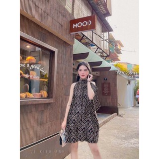 Đầm họa tiết dáng suông cổ yếm đính nơ ngực!