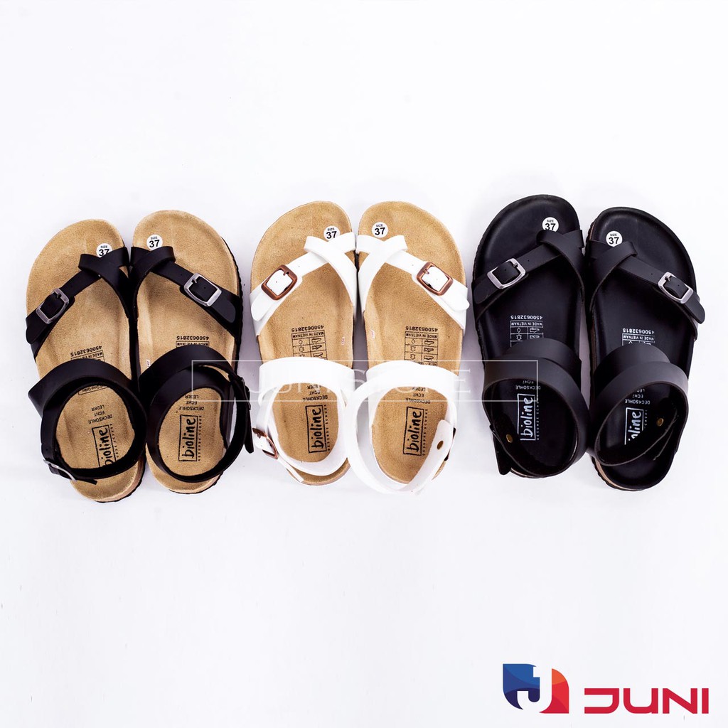 [DA PU/CHỐNG NƯỚC] PU16-Dép da sandal cao cổ Unisex, Màu đen, đế trấu Bioline Birken- Xuất khẩu châu Âu - Juni Store