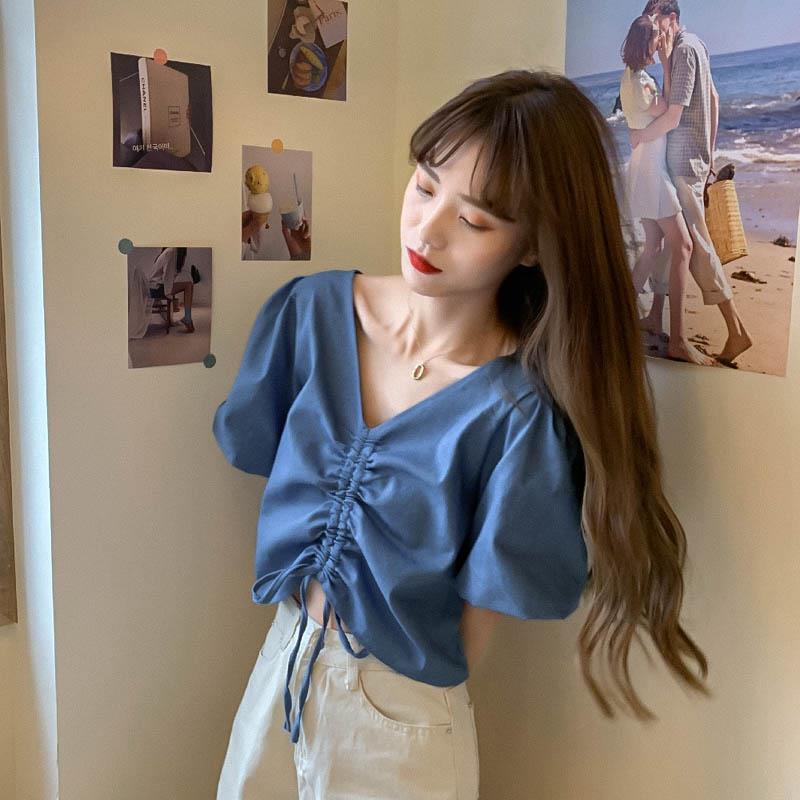 Áo Sơ Mi Denim Xanh Dương Dáng Rộng Cổ Chữ V Thiết Kế Dây Rút Phong Cách Pháp Thời Trang Mùa Hè 2022 Mới Dành Cho Bạn Nữ