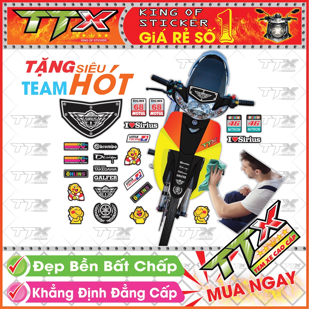 Tem Xe Sirius Trắng Xám Đen - Tem Sirius Đen Trắng Xám Viền Chỉ Siêu Đẹp - Mẫu Team Sirius Trắng Xám Đen
