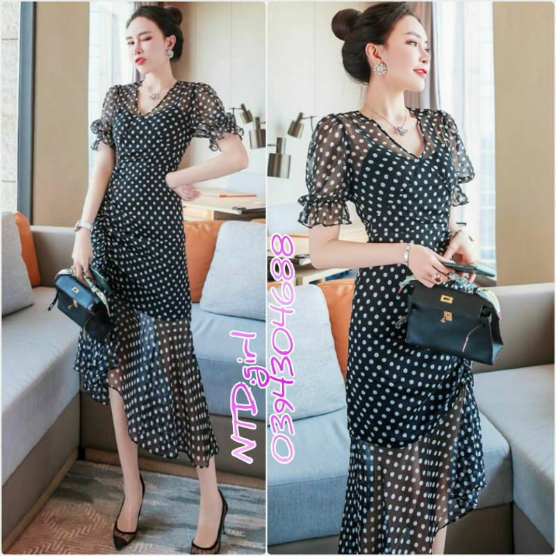 Hàng nhập - Đầm dáng ôm lụa chấm bi đôi cá form dài, váy body dự tiệc tà lệch nhíu thun