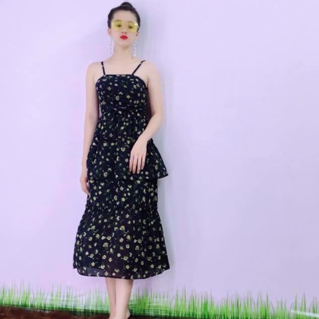 đầm maxi 2 dây tầng in hoa nhỏ