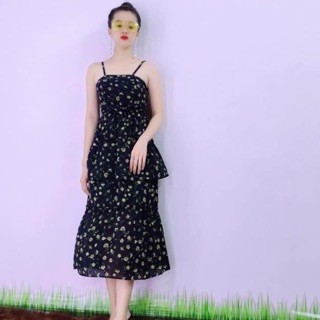 đầm maxi 2 dây tầng in hoa nhỏ