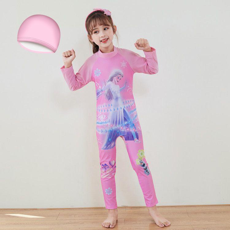 Đồ bơi bé gái liền thân họa tiết CÔNG CHÚA KỲ LÂN tay dài quần dài Full body bao gồm nón bơi (Mẫu mới 2022)