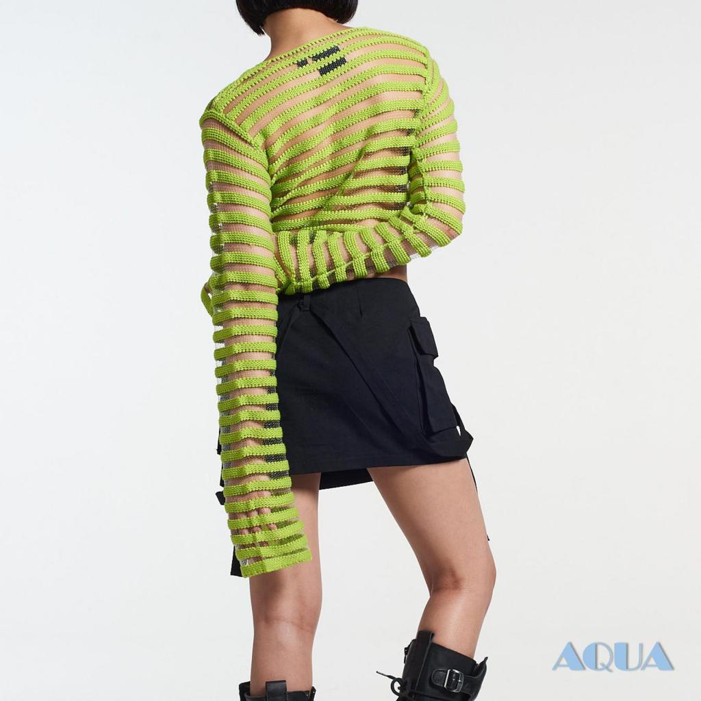 Áo Croptop Dệt Kim Tay Dài Cổ Tròn Xuyên Thấu Kẻ Sọc Ngang Thời Trang Mùa Hè Cho Bạn Gái