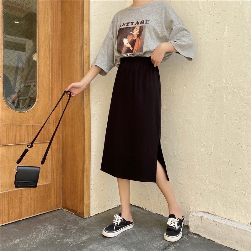 [Ảnh thật/Video] Chân váy suông cạp cao chất thun dáng dài xẻ tà Chân váy cotton trơn | BigBuy360 - bigbuy360.vn