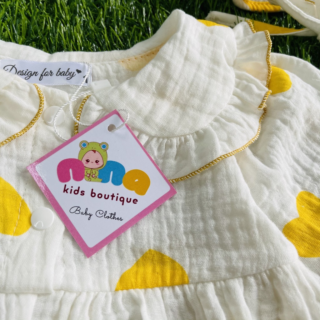 Bộ áo liền quần cho bé sơ sinh Nina Kids Boutique Body đùi bé gái dài tay Size 0m 24m Chất xô muslin - màu hồng tim vàng