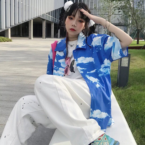 Sale - ÁO SƠ MI SKY DÁNG RỘNG UNISEX HOT - ÁO KHOÁC SƠ MI LOANG MÂY TRỜI