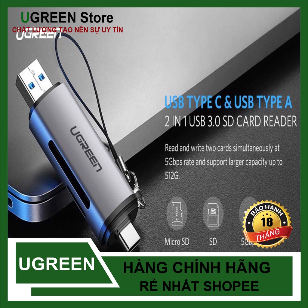 Đầu đọc thẻ nhớ SD/TF chuẩn USB Type C và USB 3.0 Ugreen 50706 chính hãng