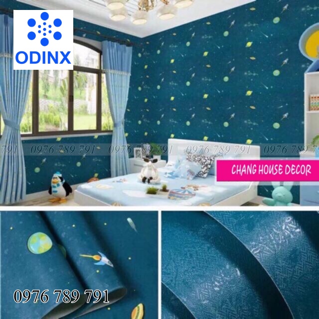 10m Giấy Dán Tường Có Keo Sẵn Vũ Trụ Hành Tinh Xanh Trang Trí Phòng Ngủ Cho Bé ODINX