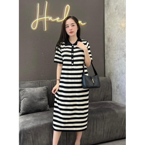 Đầm Len Kẻ Ngang Cổ Bẻ Dáng Dài Siêu Hot