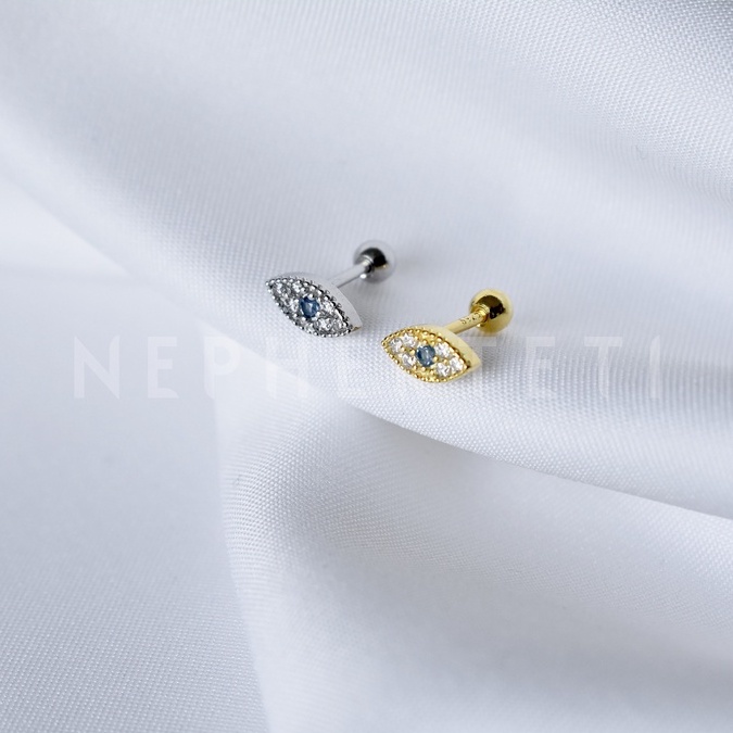 Khuyên tai bạc 925 mini - Mắt đá xanh chốt bi vặn  - Nepherteti