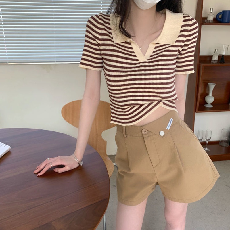 Áo thun IELGY dệt kim tay ngắn cổ polo họa tiết kẻ sọc phong cách Hàn Quốc thời trang cho nữ