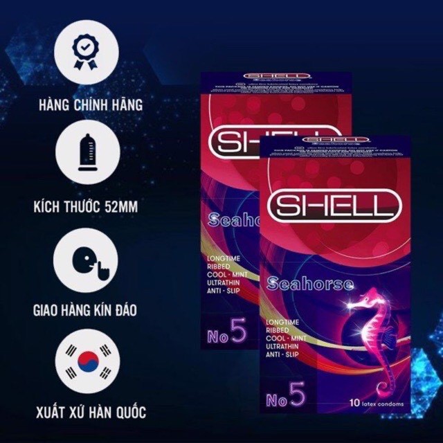 Bao cao su Hàn Quốc Shell Seahorse - kéo dài thời gian, gân xoắn, mát lạnh - 10 chiếc