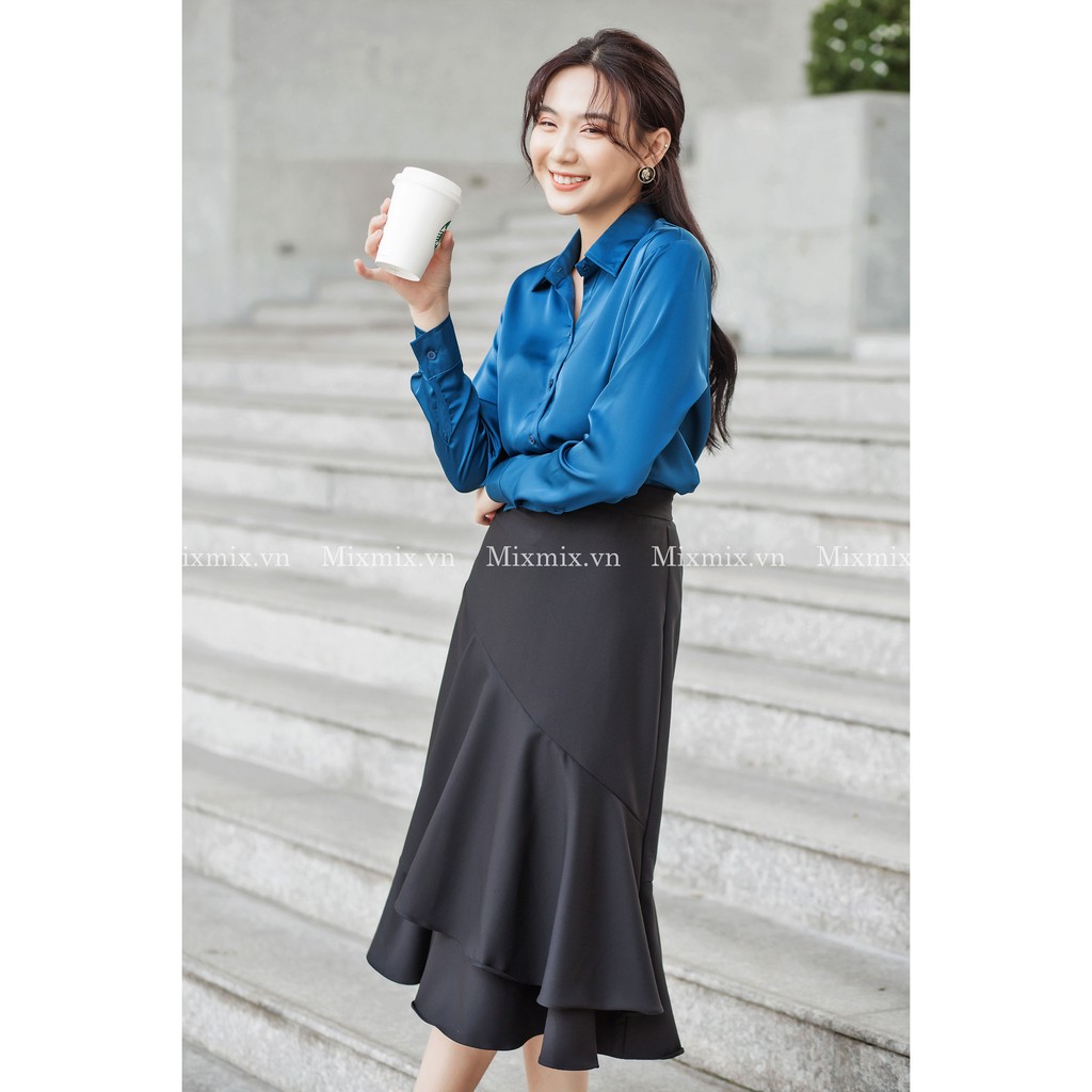 Áo sơ mi lụa xanh ve - MIXMIX - hàng thiết kế - hình chụp thật