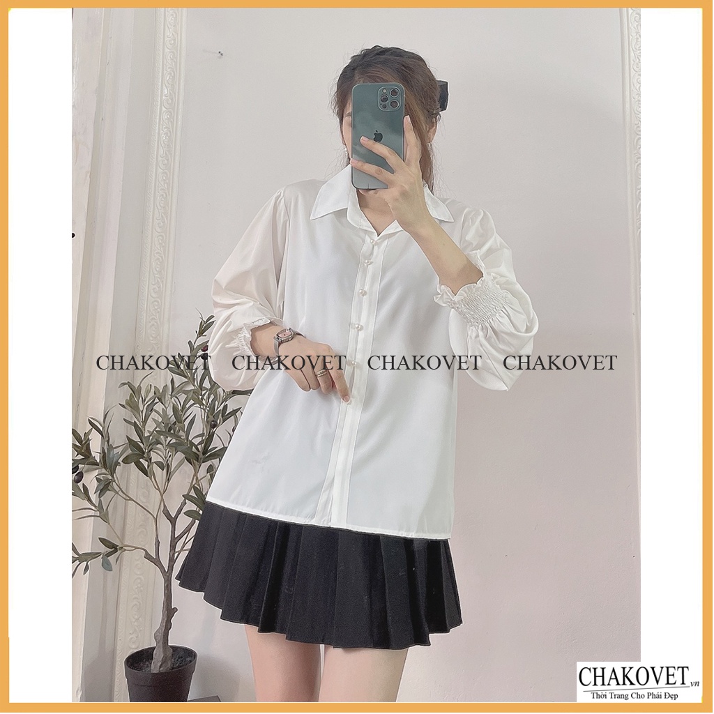Áo sơ mi nữ dài tay công sở CKA862, áo kiểu nữ màu trắng cúc ngọc tay bo chun style hàn quốc freesize <53kg cực xinh | BigBuy360 - bigbuy360.vn