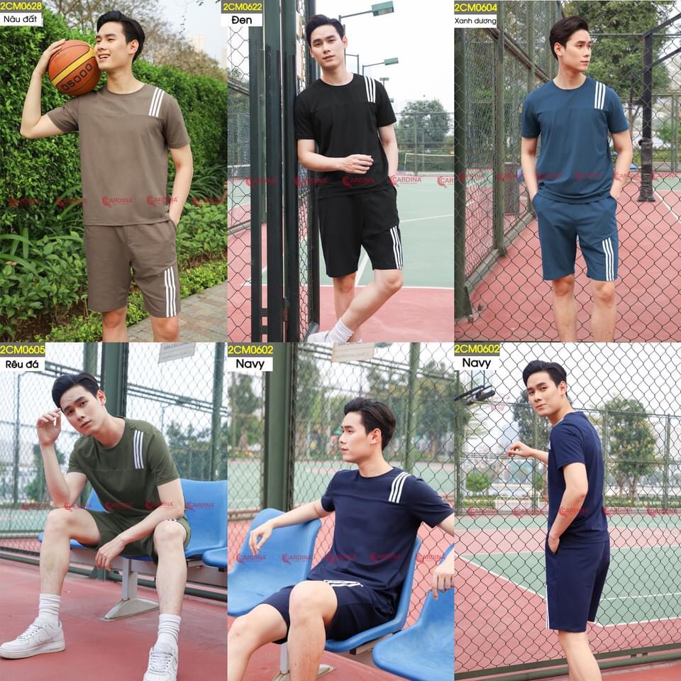 Đồ bộ nam mặc nhà cao cấp CARDINA chất cotton kiểu dáng thể thao  áo cộc tay quần đùi sọc nam mát mẻ  2CM06