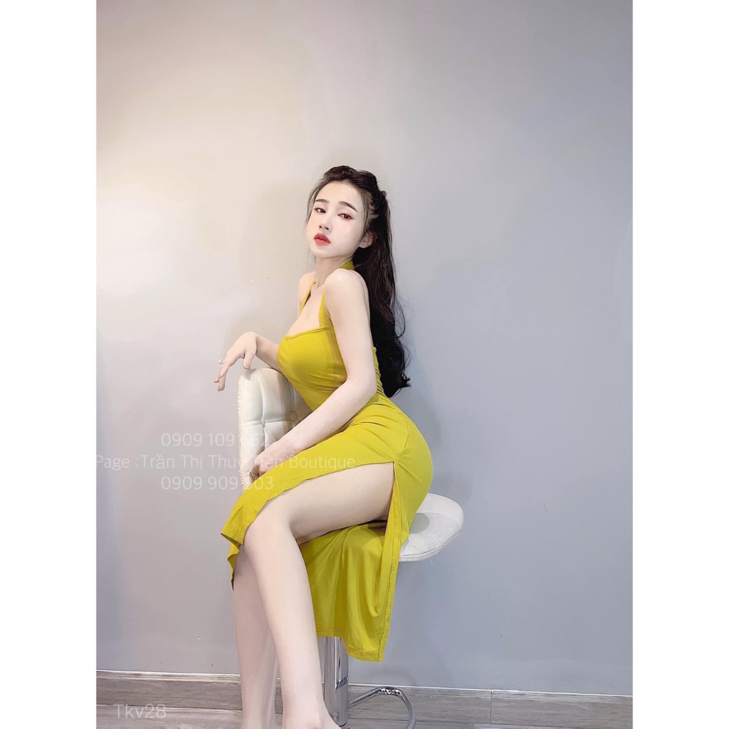 Đầm body yếm xẻ tà cực sexy chất thun thái cực xịn