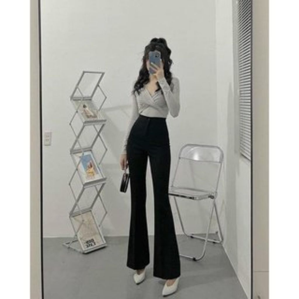 Quần ống loe cạp cao 1 cúc  TIDINA quần vải loe siêu hách dáng tôn vòng 3 phong cách hàn quốc Q01