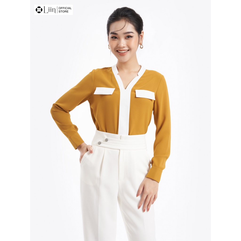 Áo sơ mi Linbi dài tay chất đũi vàng phối trắng kiểu dáng trẻ trung, thanh lịch liin clothing SM3926