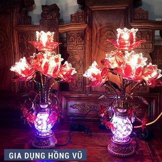 (TẶNG KÈM 2 BÓNG LED BÊN NGOÀI) ĐÔI ĐÈN THỜ LỤC BÌNH THỦY TINH 5 BÔNG (Thân đèn hai chế độ sáng: đủ màu và màu vàng)