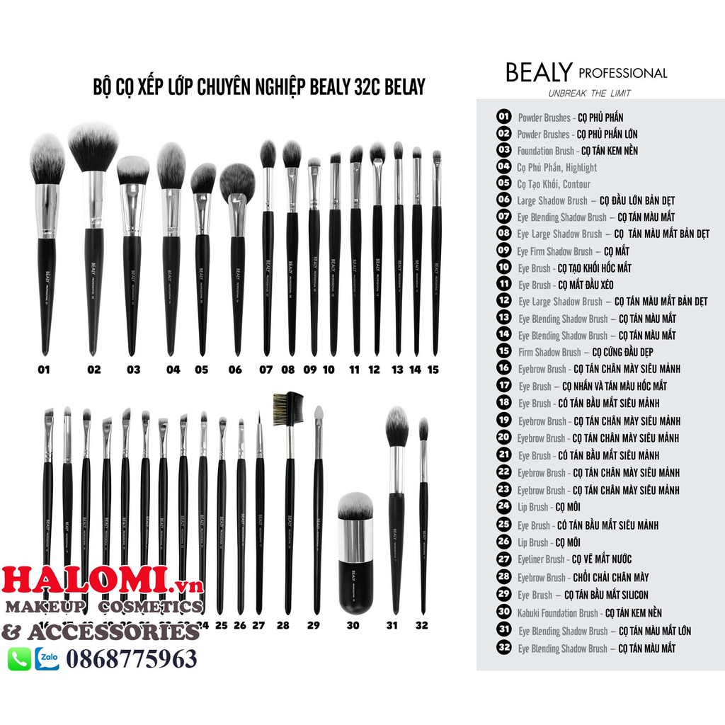 Bộ cọ trang điểm Bealy 32 cây lông thú cao cấp chuyên dùng cho makeup