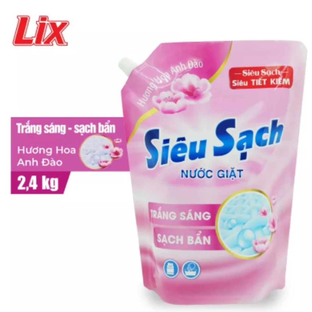 Nước giặt Lix đậm đặc hương hoa anh đào túi 2.4Kg N2503 làm sạch cực nhanh vết bẩn, tăng gấp đôi sức mạnh giặt tẩy