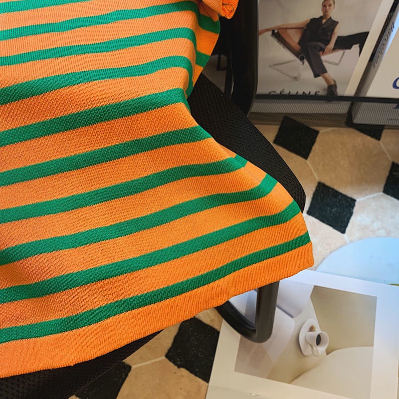 Áo Thun Dệt Kim Ngắn Tay Họa Tiết Kẻ Sọc Thời Trang Mùa Hè Cho Nữ