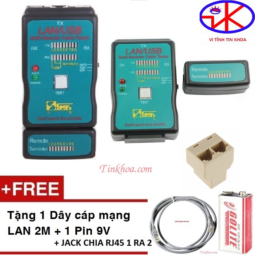 Combo bộ test cáp mạng đa năng CT-168 Kèm cáp mạng 2m+ pin+đầu chia mạng 1 ra 2