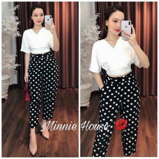 Set áo cổ V quần chấm bi