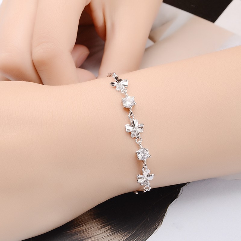 Lắc tay nữ vòng tay cỏ 4 lá may mắn đính đá bạc 925 phong cách hàn quốc dễ thương tặng hộp