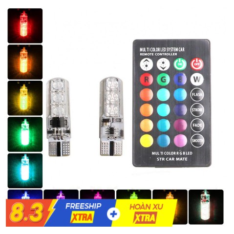Đèn LED điều khiển từ xa demi gắn xi nhan xe máy, Oto - LED chân T10 bảy màu rất đẹp tùy chỉnh màu theo ý thích
