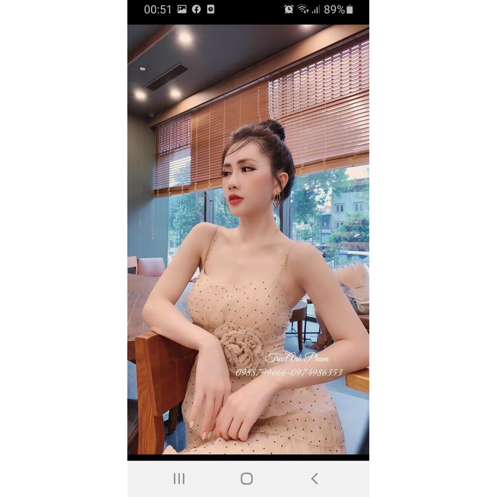 đầm voan lưới chấm bi 3 tầng hai dây đính nơ eo màu nude cực kì xinh nha khách m534